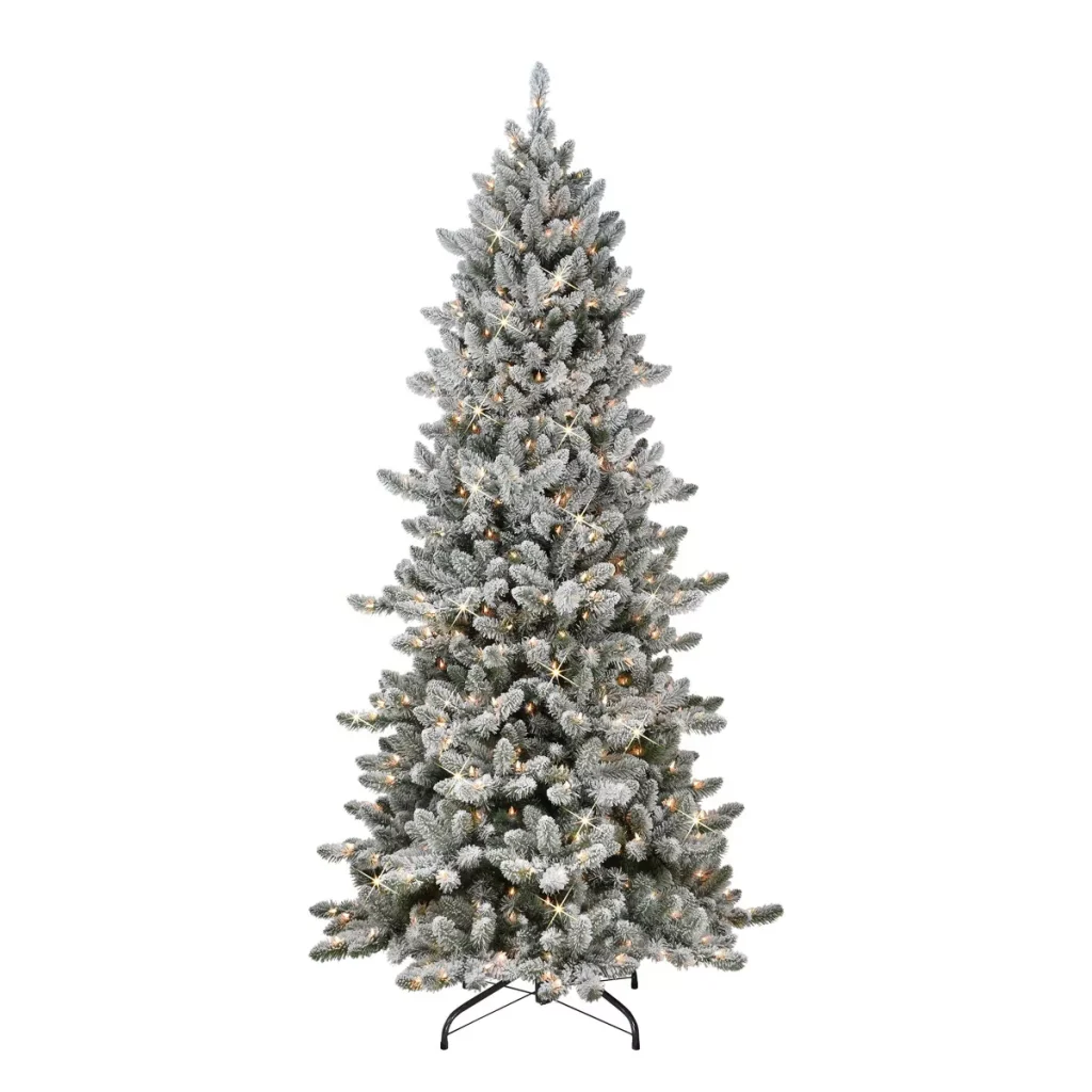 7.5ft Puleo Pre-Lit Flocked Slim Royal Majestic Spruce Artificial Christmas Tree with Clear Lights, Hinged Flame-Retardant Indoor Holiday Décor – UPC 804606827562