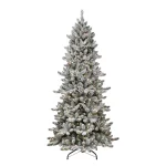 7.5ft Puleo Pre-Lit Flocked Slim Royal Majestic Spruce Artificial Christmas Tree with Clear Lights, Hinged Flame-Retardant Indoor Holiday Décor – UPC 804606827562
